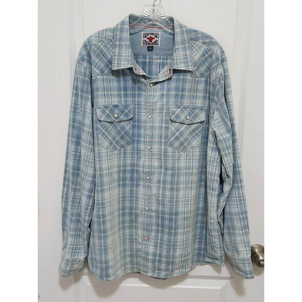 EUC Flag & Anthem Men XL Salida Vintage Wash Corduroy Blue Plaid Long Sleeve